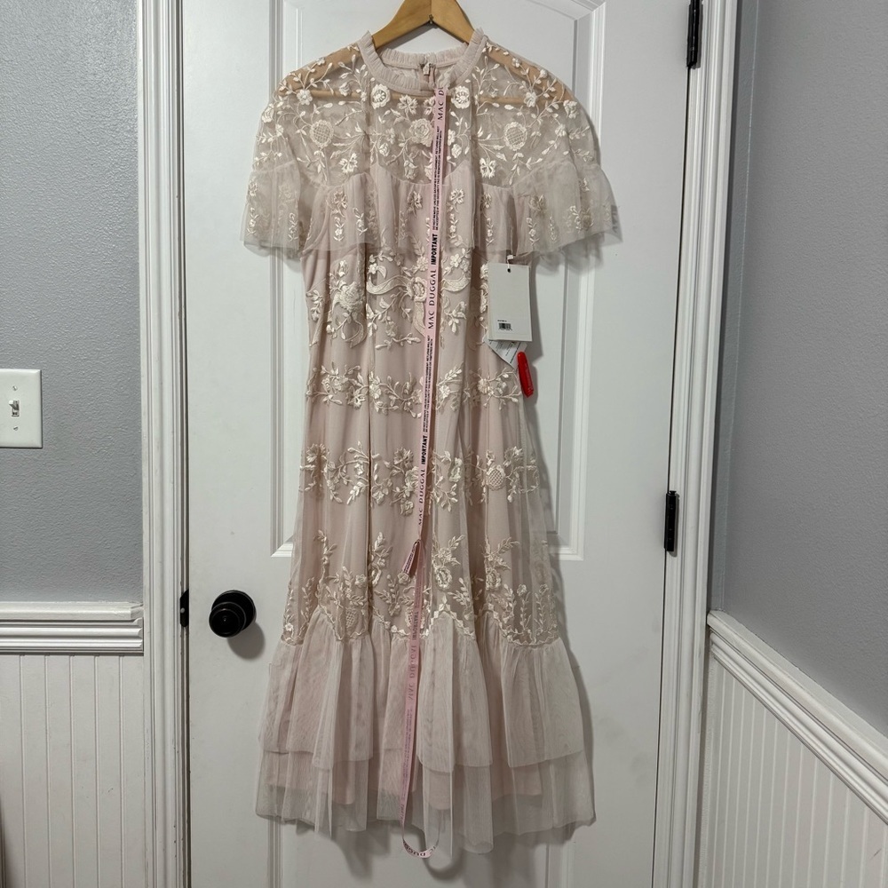 Mac Duggal Pink High Neck Mesh Tier Embroidered Dress - Picture 5 of 13